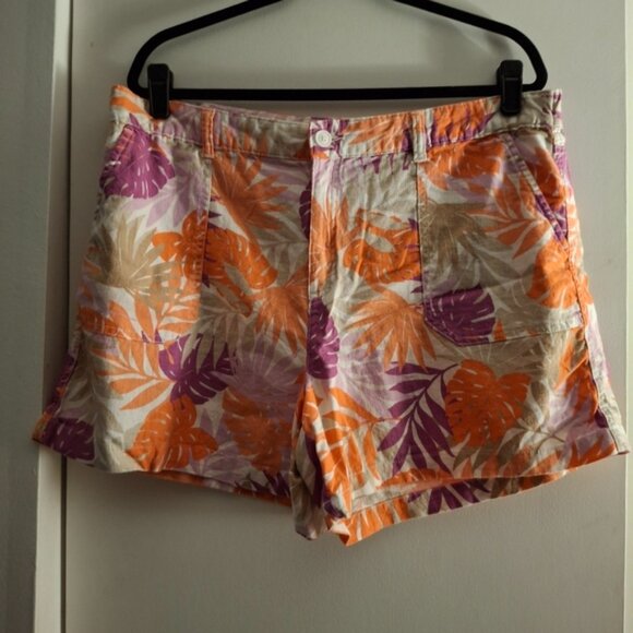 Basic Editions Women's Orange and Purple Floral Linen Bermuda Shorts - Picture 1 of 8
